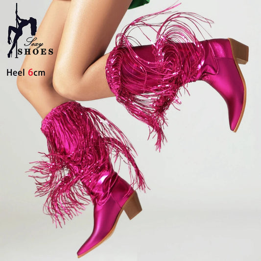 Women Western Fringe Boot 2024 New Cowgirls Blue Sequin Glitter High Heels Nightclub Club Shoes Woman Stage Show Mid-Calf Boots Good Vibrations