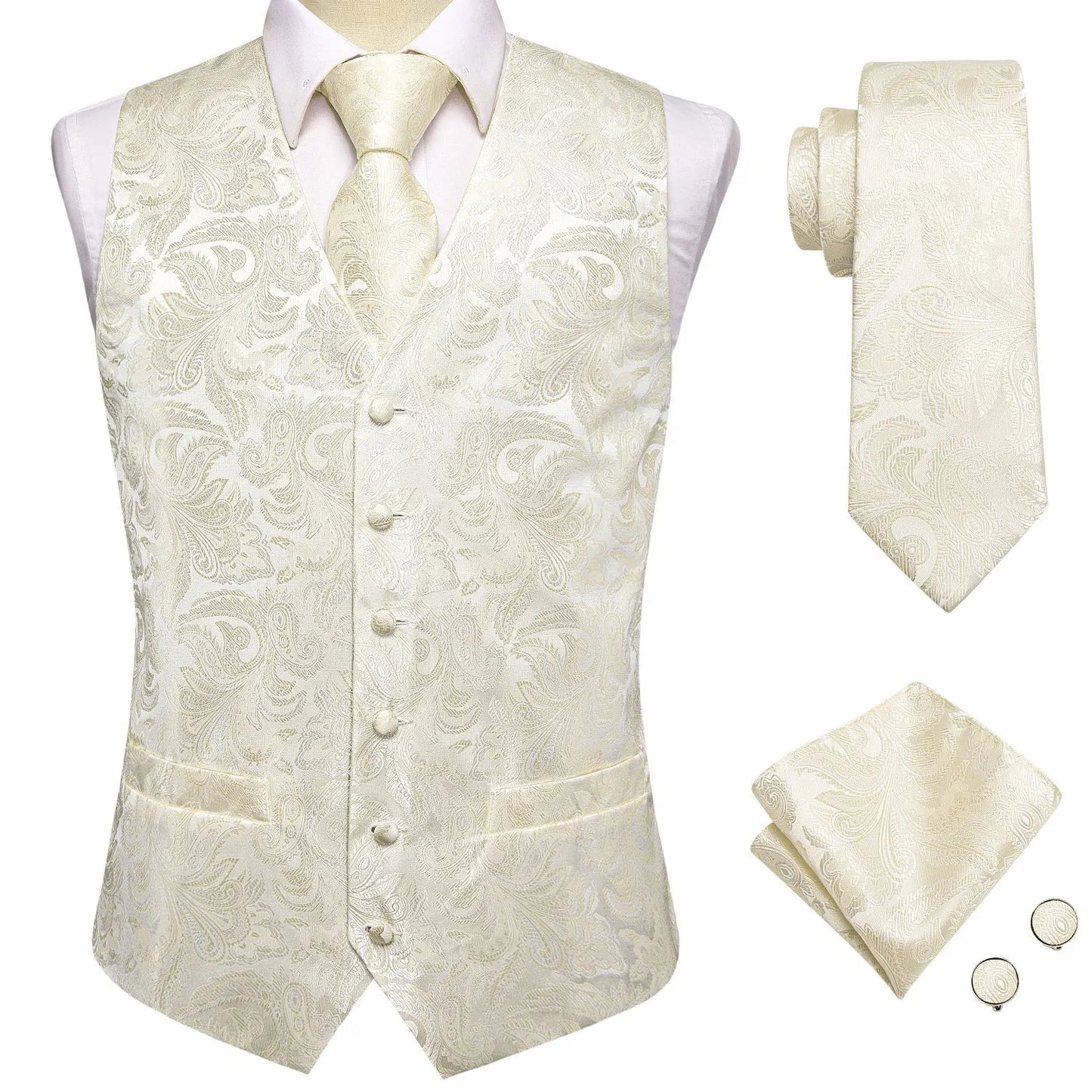Hi-Tie Black Men Silk Vest Paisley Jacquard Necktie Hankerchief Cufflinks Sets Male Sleeveless V-Neck Waistcoat Business Formal Good Vibrations