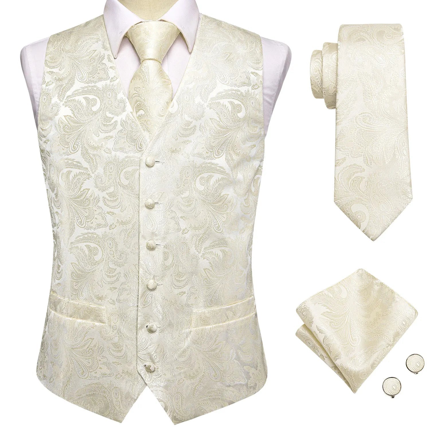 Hi-Tie Black Men Silk Vest Paisley Jacquard Necktie Hankerchief Cufflinks Sets Male Sleeveless V-Neck Waistcoat Business Formal Good Vibrations