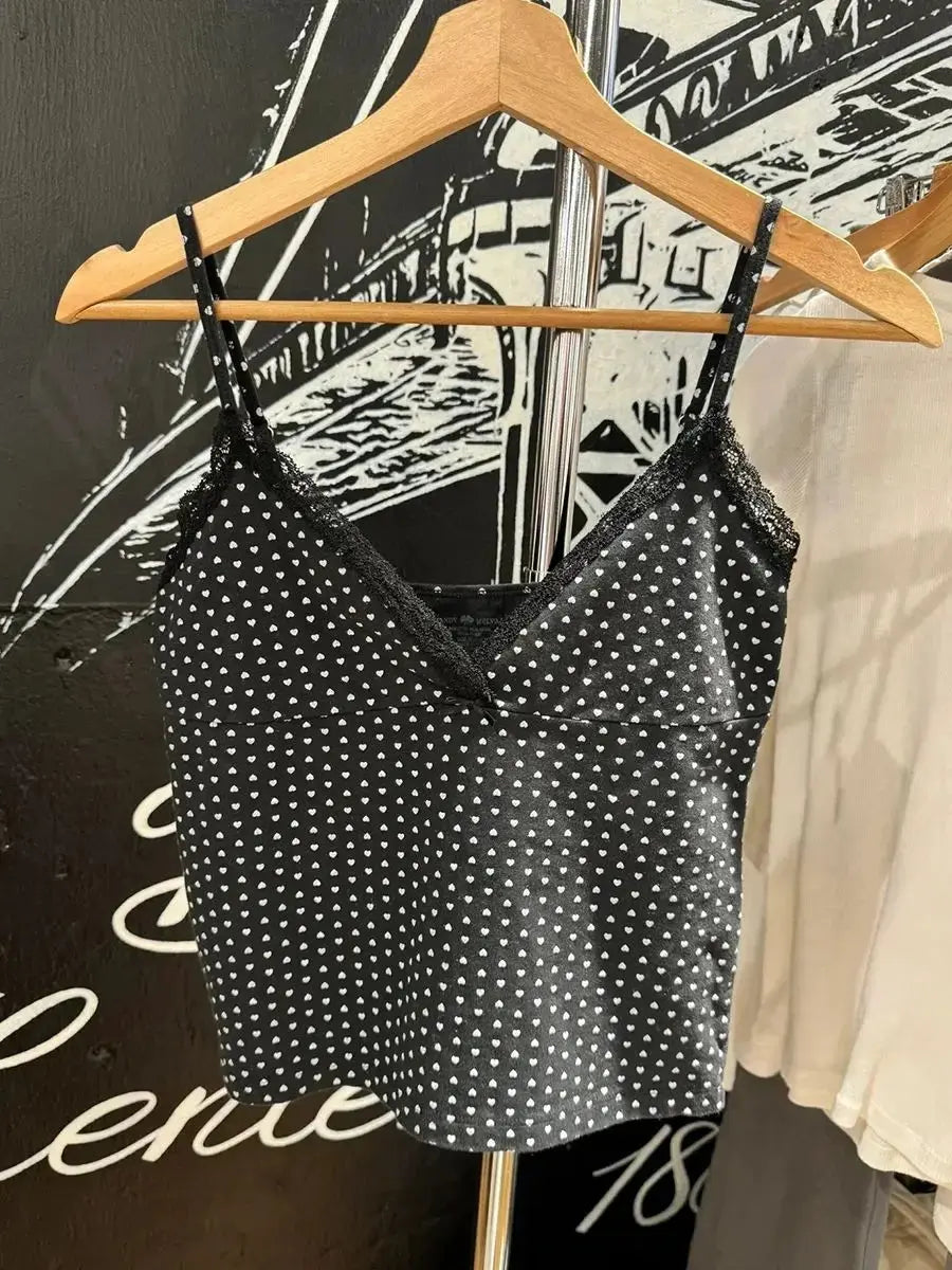 Hearts Lace Trim Tank Shorts Pajama Set Woman Summer Sexy V-neck Crop Tops+Slim Underpants Vintage Sweet Home 2 Piece Sets Y2k GOOD Vibrations