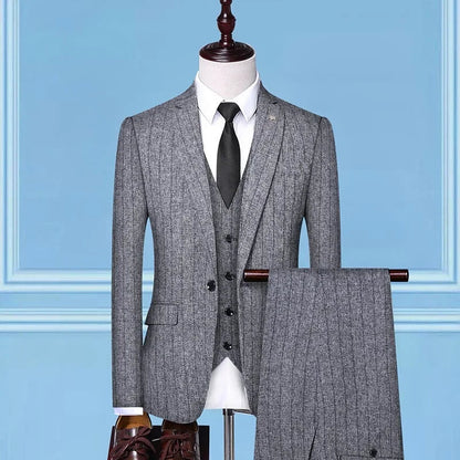 2025 Suit (suit + Vest + Trousers) Single Button Fashion Business Vertical Stripe Gentleman Suit Korean Suit Three-piece Suit Good Vibrations
