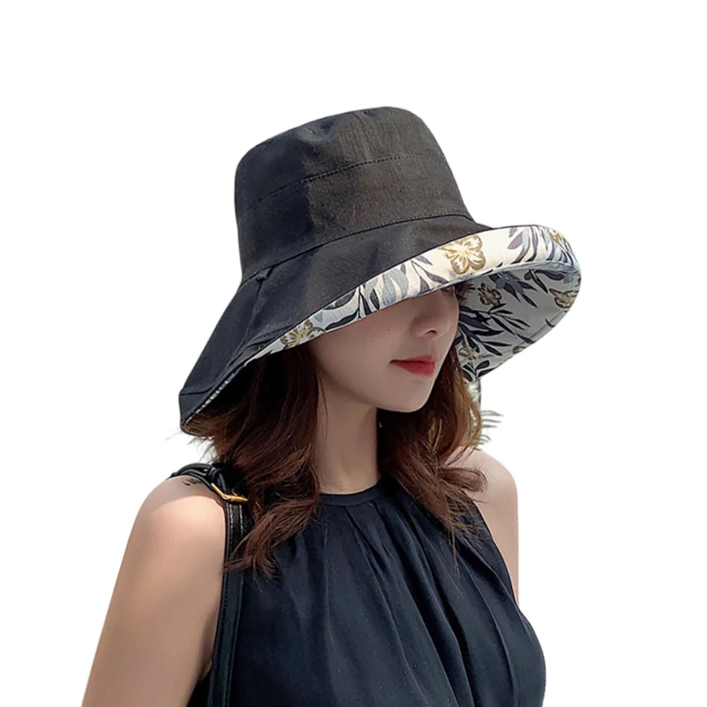 Women Bucket Hat, Elegant Flower Print Wide Brim Sun Visor Hat Lightweight Summer Panama Cap Good Vibrations