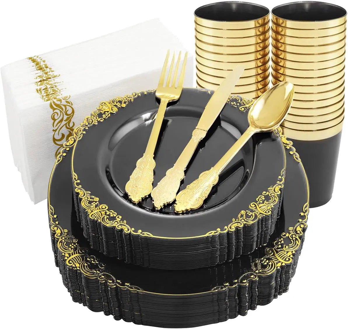 175PCS Blue Gold Plastic Plates Sets, Include 25Dinner Plates, 25Dessert Plates, 25Cups, 25Forks, 25Knives, 25Spoons, 25Napkins Good Vibrations