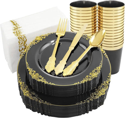 175PCS Blue Gold Plastic Plates Sets, Include 25Dinner Plates, 25Dessert Plates, 25Cups, 25Forks, 25Knives, 25Spoons, 25Napkins Good Vibrations