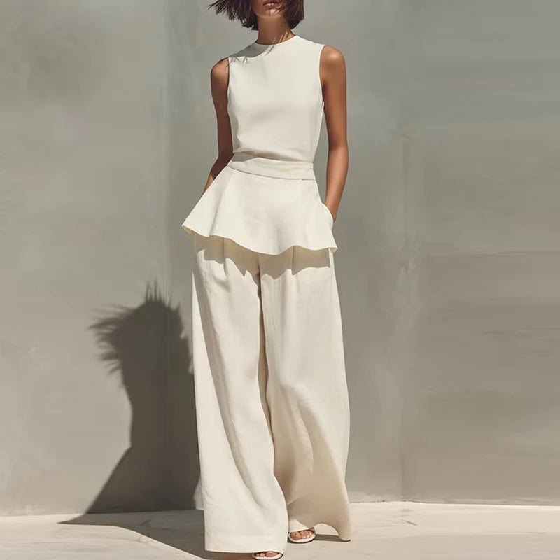 Office Lady Outfits Women Fashion Two Piece Set Summer Sleeveless O Neck Vest Sleeveless Shirt High Waist Pants Suit Work Wear Good Vibrations