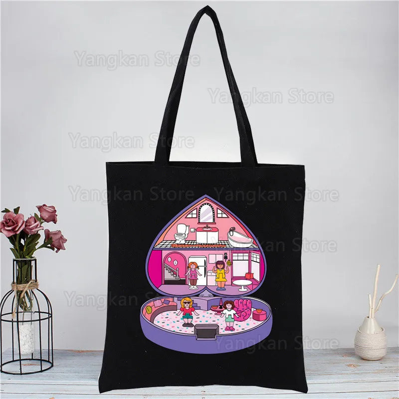 Kawaii Polly Pocket Shopping Bag Women Canvas Tote Bags Printing Eco Bag Cartoon Shopper Shoulder Bags Black Good Vibrations