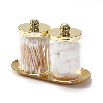 2/3 Pack Qtip Holder Bathroom Set with Golden Tray Organizer Acrylic Plastic Apothecary Jars Qtip Dispenser Canister with Lid Good Vibrations
