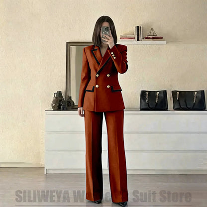 Women's Red Suit Two Piece Set Double Breasted Blazer with Black Trim and Pants Elegant Formal Fashion Daily Casual Party Tuxedo Good Vibrations