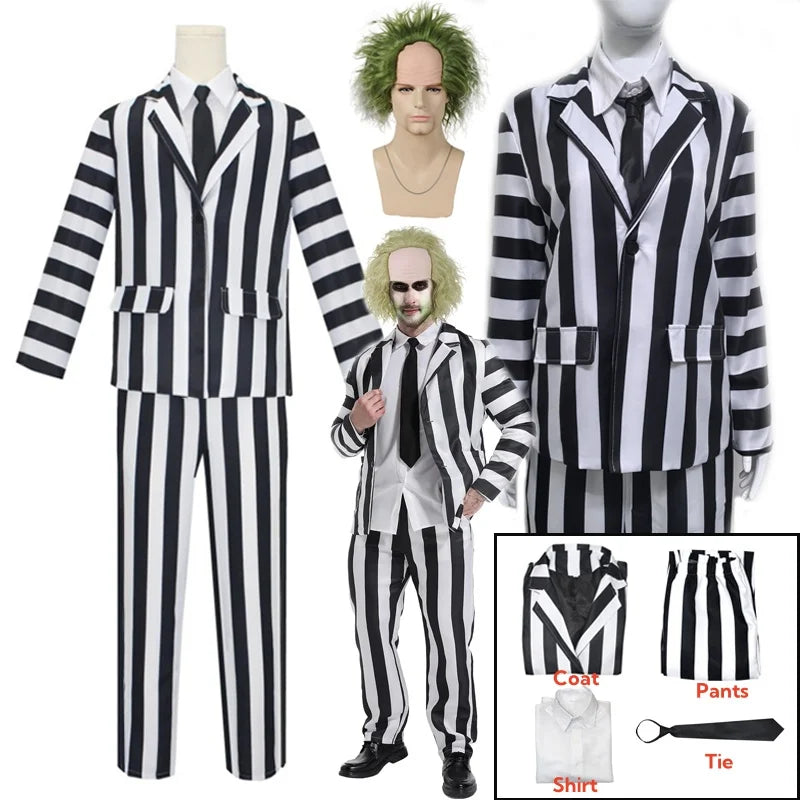 Men's Adult Halloween Costume Black and White Striped Suit Shirt and Tie Scary Costumes Spooky Beetla Halloween Cosplay Outfits Good Vibrations