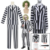 Men's Adult Halloween Costume Black and White Striped Suit Shirt and Tie Scary Costumes Spooky Beetla Halloween Cosplay Outfits Good Vibrations