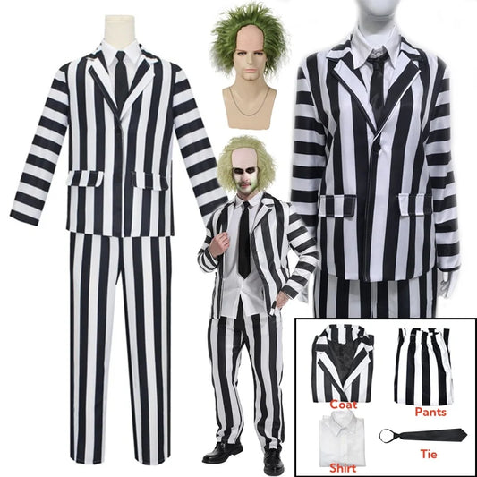 Men's Adult Halloween Costume Black and White Striped Suit Shirt and Tie Scary Costumes Spooky Beetla Halloween Cosplay Outfits Good Vibrations
