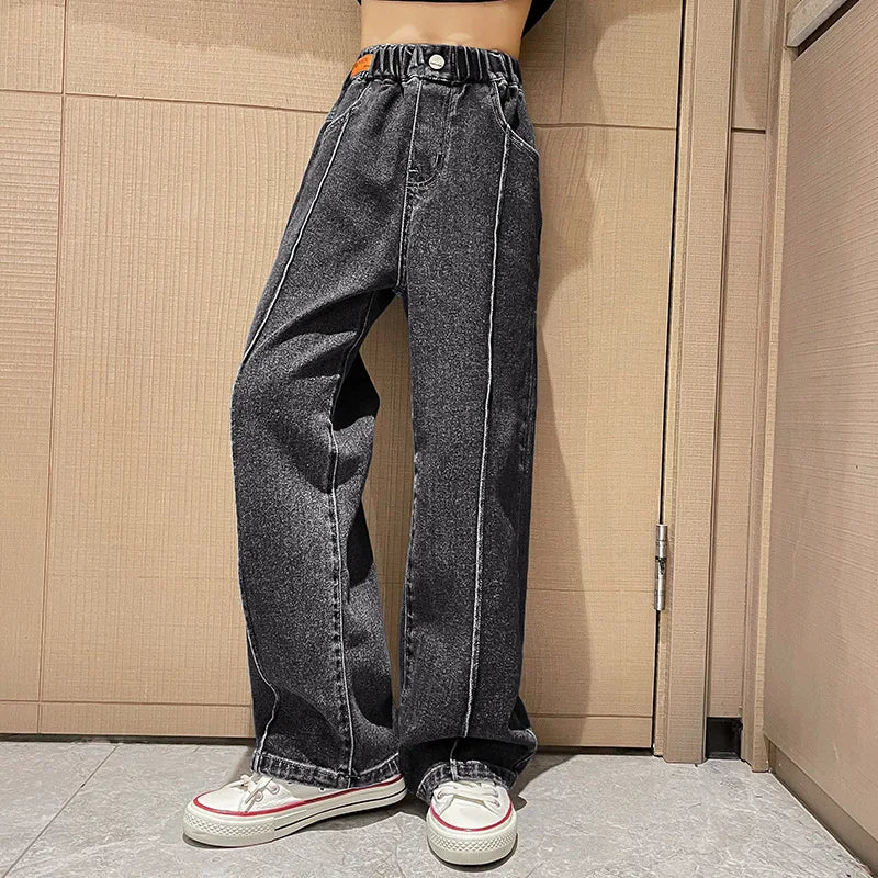 New 2024 Teenage Girls Blue Street Cartoon Print Elastic Mid Waist Loose Denim Jeans Spring Fashion Children Cute Wide Leg Pants Good Vibrations