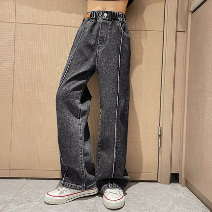New 2024 Teenage Girls Blue Street Cartoon Print Elastic Mid Waist Loose Denim Jeans Spring Fashion Children Cute Wide Leg Pants Good Vibrations