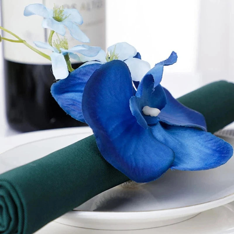 6PCS Handmade Orchid Flower Napkin Rings Blue Flower Holders Handcraft Serviette Buckles Rings For Wedding Table Decor Good Vibrations