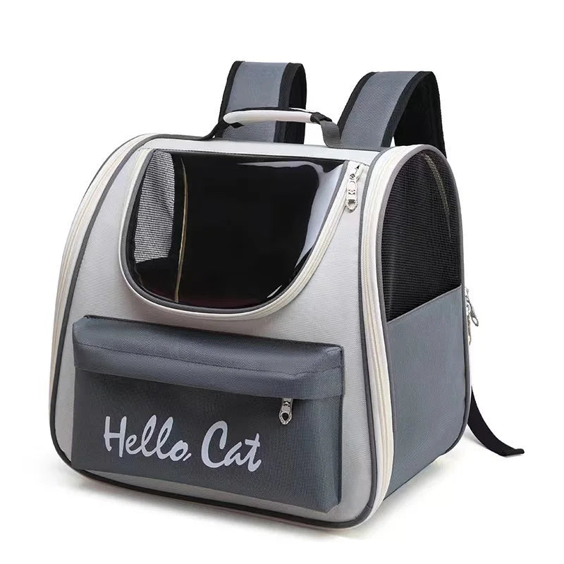 Pet Carrier Backpack with "Hello Cat" Lettering and Transparent Window Breathable Pocket Comfortable Cat & Dog Travel Backpack Good Vibrations