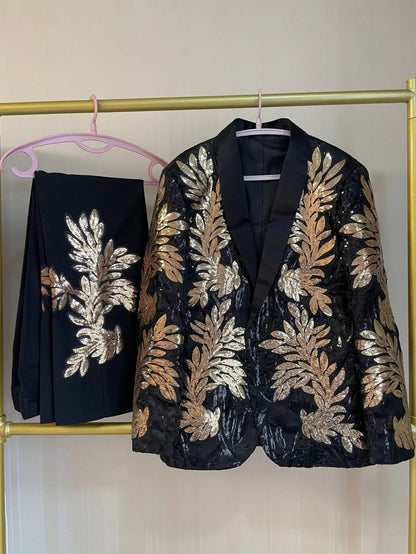 Men's Gold Sequin Applique Fashion Trend Suit Set High-Quality Casual Jacket And Western Pants Two-Piece Ensemble Good Vibrations