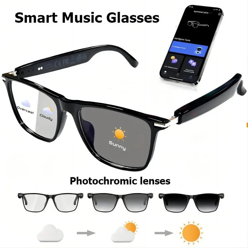 New smart glasses with auto-dimming lenses, built-in microphone and speaker, HD voice calls and HIFI sound quality. Good Vibrations