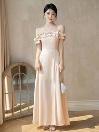 4styles Champagne Bridesmaid Dress Women's Elegant Satin Ruffles Design Off Shoulder Ankle Length Wedding Party Guest Vestido Good Vibrations