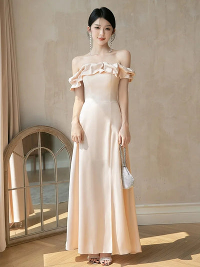 4styles Champagne Bridesmaid Dress Women's Elegant Satin Ruffles Design Off Shoulder Ankle Length Wedding Party Guest Vestido
