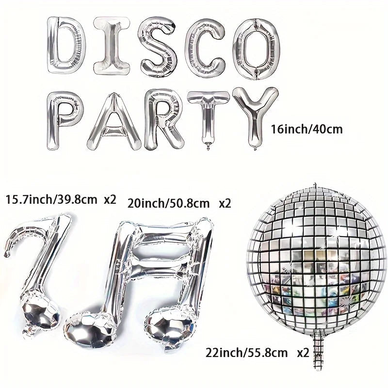 16-Piece 90s Retro Disco Theme Party Set: Silver Letter Foil Balloons & Musical Note Decorative Balloons Good Vibrations