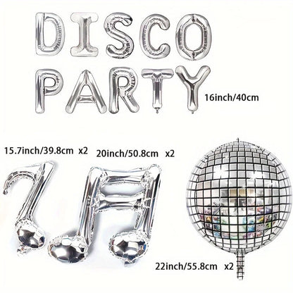 16-Piece 90s Retro Disco Theme Party Set: Silver Letter Foil Balloons & Musical Note Decorative Balloons Good Vibrations