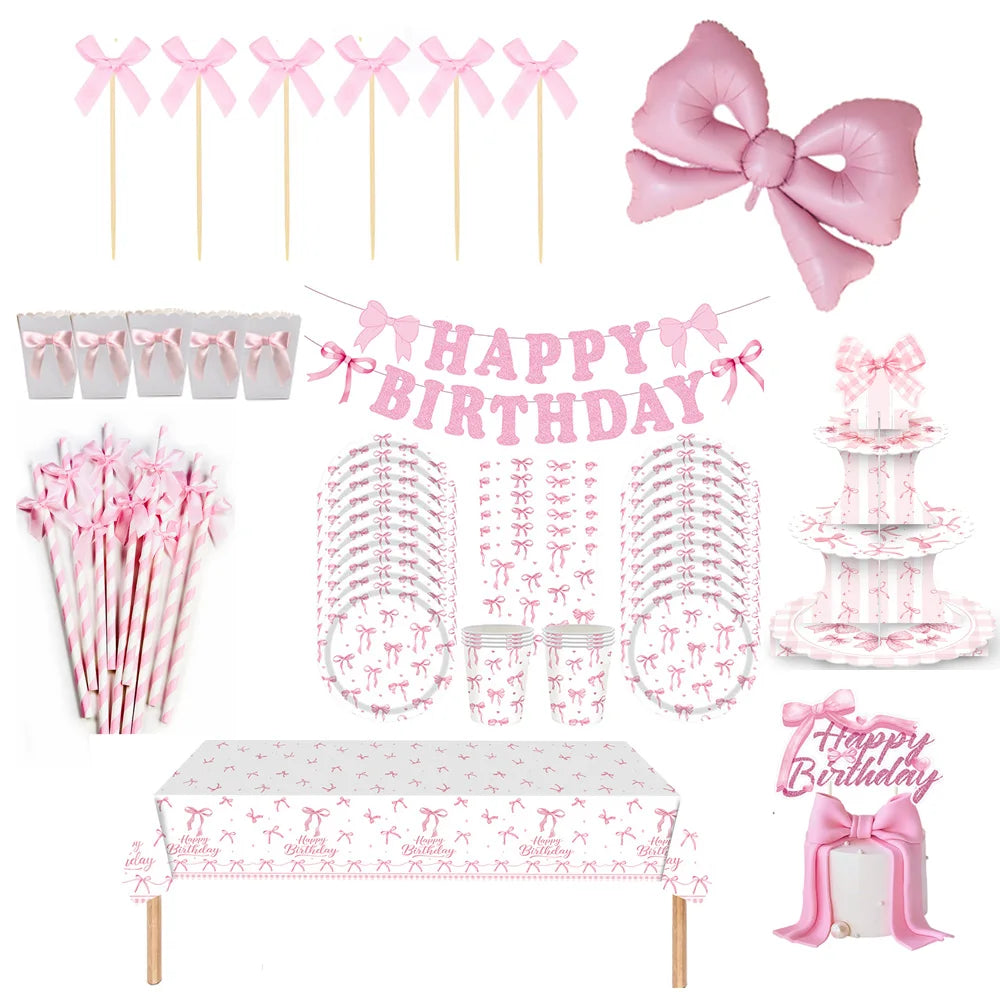 Pink Banner Happy Birthday Bow Balloon Straw Disposable Paper Plate Napkin Cup Tableware Princess Girl Birthday Party Supplies Good Vibrations