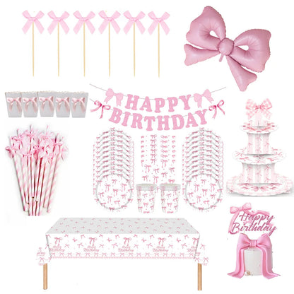 Pink Banner Happy Birthday Bow Balloon Straw Disposable Paper Plate Napkin Cup Tableware Princess Girl Birthday Party Supplies Good Vibrations