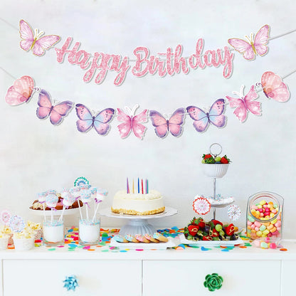 Pink Happy Birthday Banner With Butterfly Dancing Hanging Pendant Garlands  Girls Princess 1st Happy Birthday Party Decorations Good Vibrations