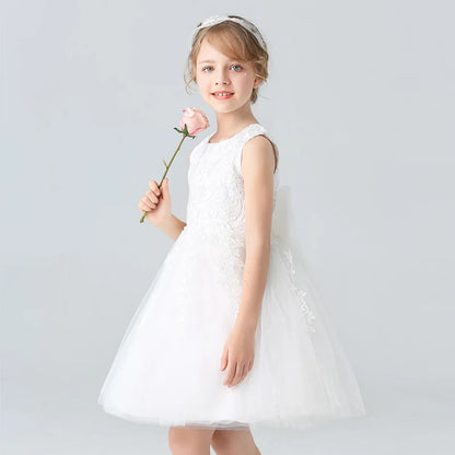 BX8991 White Lace Flower Girl Dress Bows Children's First Communion Dress Girls Sleeveless Princess Dresses Good Vibrations