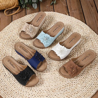 Retro Flower Decor Wedge Slippers Woman 2025 Summer Thick Bottom Platform Sandals Women Anti Slip Beach Shoes Outdoor Slides Good Vibrations