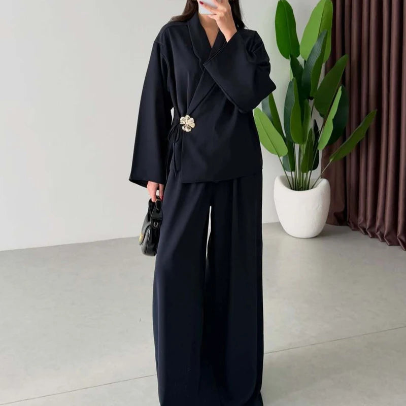 Women's Casual Party Outfit Vintage Solid Loose Autumn Suit New 2026 Elegant V Neck Long Sleeved Top & Wide Leg Pants Two Piece Good Vibrations