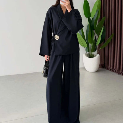 Women's Casual Party Outfit Vintage Solid Loose Autumn Suit New 2026 Elegant V Neck Long Sleeved Top & Wide Leg Pants Two Piece Good Vibrations