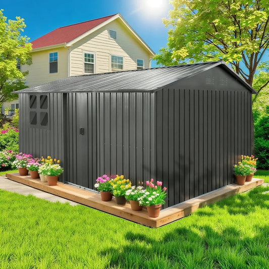 12 x 10 FT Outdoor Storage Shed, Metal Garden Tool Shed with Slooping Roof, Lockable Doors, All-Weather Bike Shed Easy to Assemb Good Vibrations
