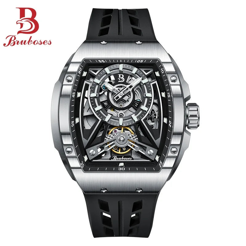 Men Mechanical Winding Watch Montre Homme 2024 New BRUBOSES 5ATM Water Resistant Luminous Tonneau Quartz Wristwatch WIth Diamond Good Vibrations