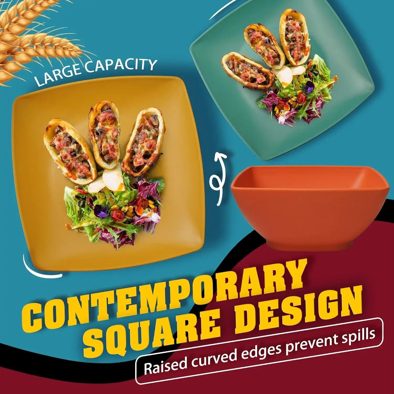 48-piece Kitchen Plastic Wheat Straw Square Dinnerware Set for 12, Unbreakable Dinner Plates, Salad Plates, Snack Bowls, Tumbler Good Vibrations