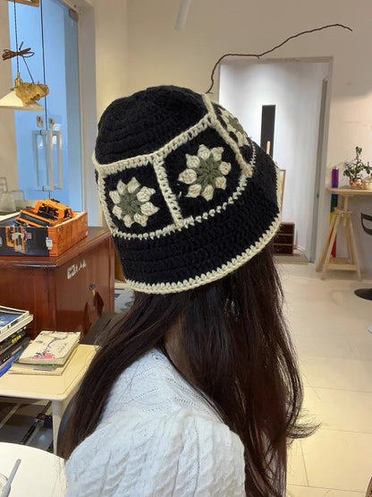 2024 Spring New Crochet Hat Korean Handmade Bucket Hat Women's Weaving Knitted Hat Y2k Fashion Flowers Autumn Winter Ins Beanies Good Vibrations