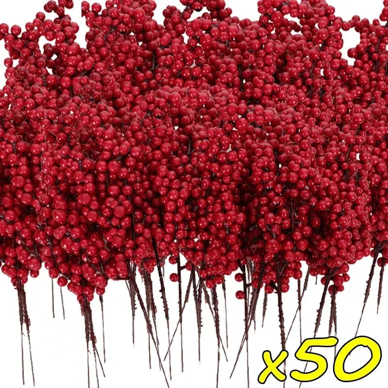 Christmas Red Berries Fake Plants Flowers Artificial Holly Berry Stamen Wreath Ornaments for Xmas Tree Party Home Decor Good Vibrations