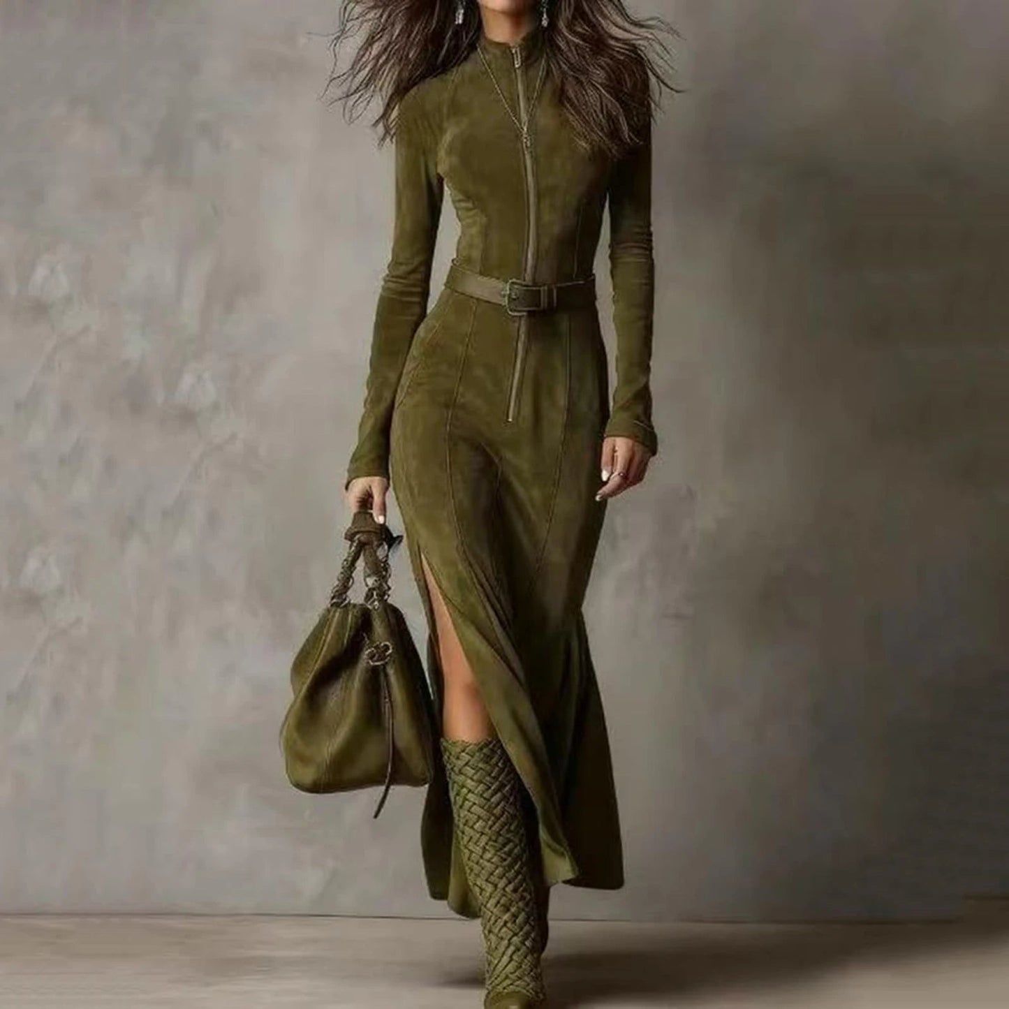 Fashion Western Cowboy Long Dress with Pleated Wrap Design Solid Skinny Flowing Ruffled Hem Maxi Dress Chic Travel Clothes Good Vibrations