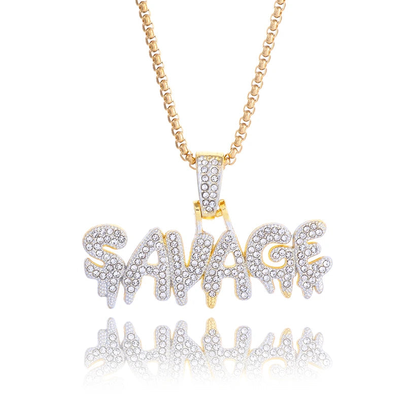 Hip Hop Ice Out Square Crystal S-A-V-A-G-E Letter Pendant Necklace for Men and Women Street One Last Party Trendy Jewelry Gift Good Vibrations