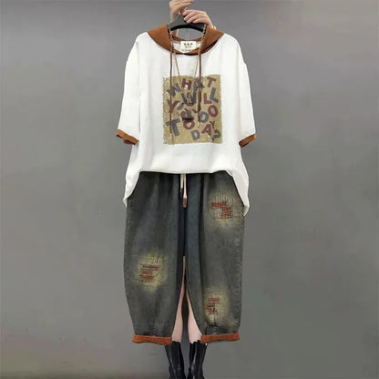 Jeans Set Women Denim Pants Two Piece Set 2025 New Loose Plus size Casual Suit Female Fashion Hooded Printed Jeans Sets Good Vibrations