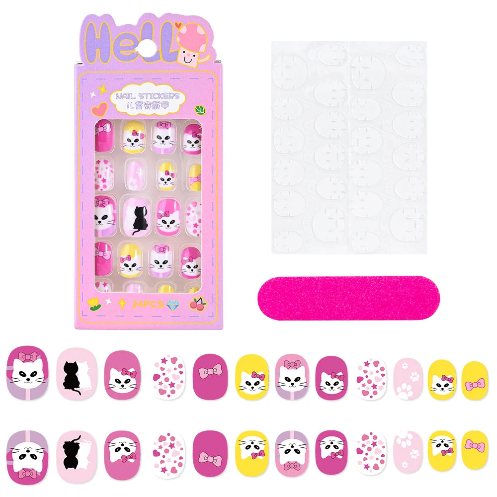 24Pcs/box Kids nails for Girl Cartoon Pattern False Nail Cute Child Fake Nails Tips Kawaii Acrylic Artificial Press on Nail+Tool Good Vibrations