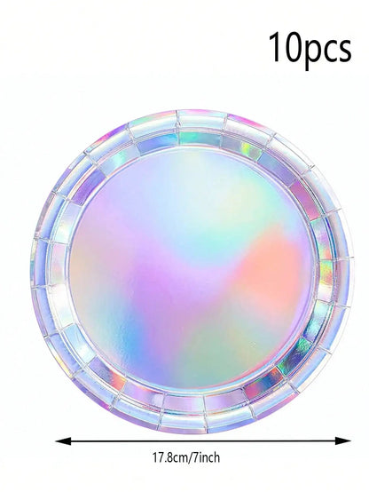 Rainbow Party Supplies Decorations, Holographic Paper Plates and Napkins Set for Birthday Wedding Holiday Party, Christmas Good Vibrations