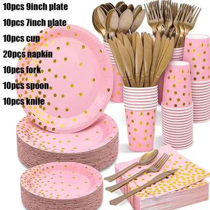 Pink Party Decoation Gold Supplies Paper Tablecloth Disposable Dinnerware Plate Napkin Cup for Christmas Birthday Party Wedding Good Vibrations