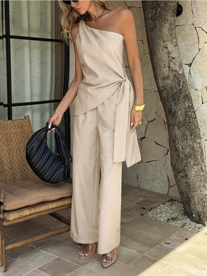 Women Two Piece Outfit One Shoulder Sleeveless Tie Knot Top And High Waist Wide Leg Pocket Pants Casual Office  Women's Sets Good Vibrations