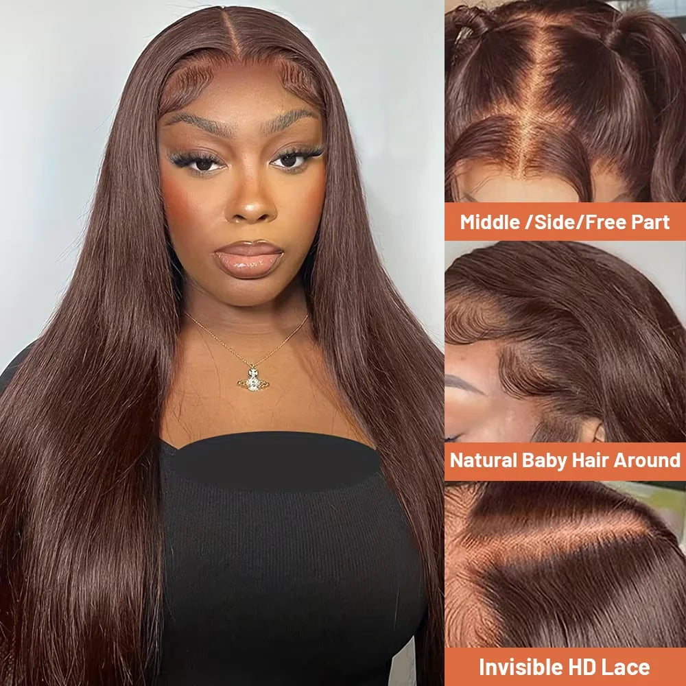 #4 Chocolate Brown Straight 13x6 HD Lace Frontal Wig 13x4 Lace Front 30 36 46 Inches Brazilian Human Hair Wigs For Black Women Good Vibrations