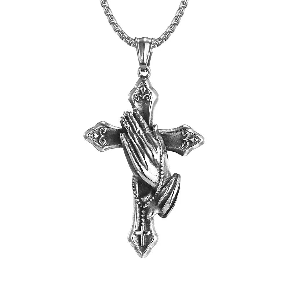 Necklace For Men National Retro Style Hand Of Prayer Stainless Steel Cross Fresh Fashion Necklace Personality Niche Pendant Good Vibrations