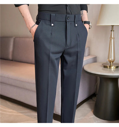 Mens Suit Pants 2025 Autumn New British Style Elastic Waist Solid Casual Formal Dress Pants Slim Fit Trousers for Men Clothing Good Vibrations