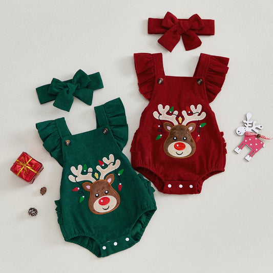 BeQeuewll Cute Elk Christmas Baby Girls Clothes Newborn Jumpsuit Winter Autumn Flying Sleeve Infant Rompers with Headband Set Good Vibrations
