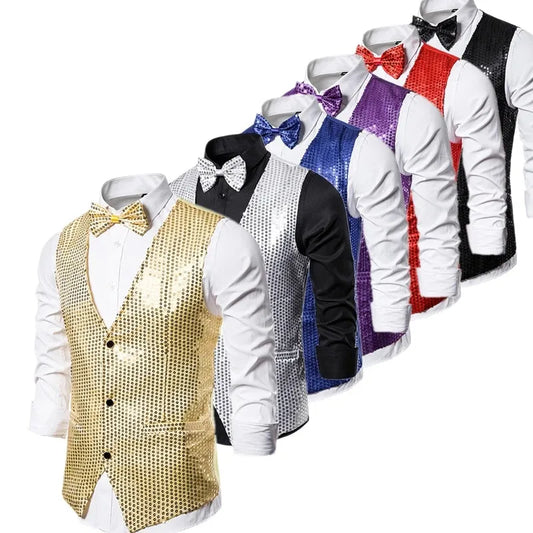 Gold Men's Sequin Vest Jacket, Single-breasted V-neck Sleeveless Vests Coat, Wedding Party Waistcoat Silver Blue Purple Red Tops
