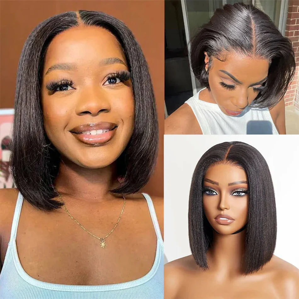 Wear And Go Glueless Wigs Yaki Straight Bob Wigs 13x4 Lace Front Wigs Human Hair Kinky Straight Lace Frontal Wigs Tissage Humain Good Vibrations